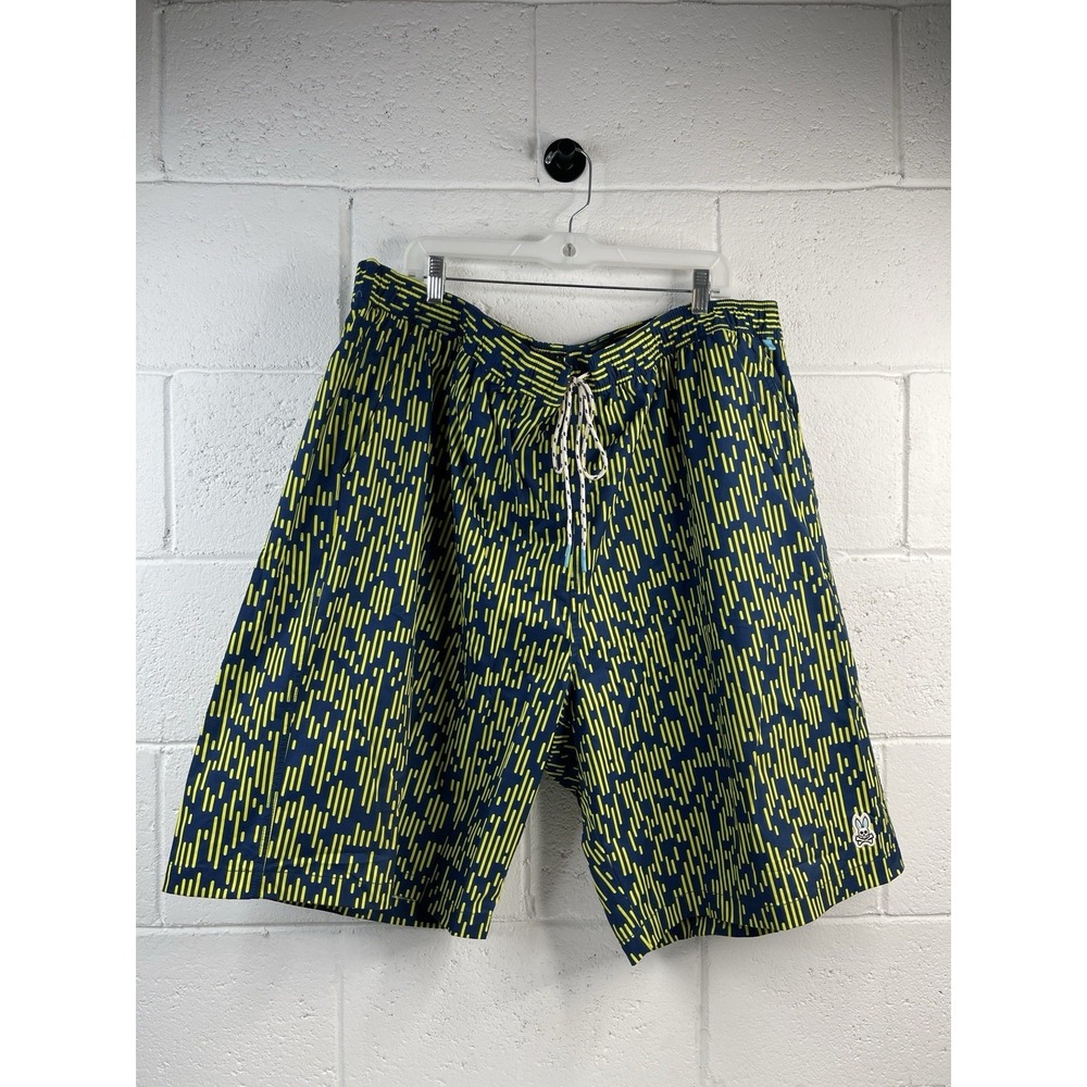 Psycho Bunny Swim Trunks Mens Neon Yellow Abstract Stripe Pattern Size 3XLT
